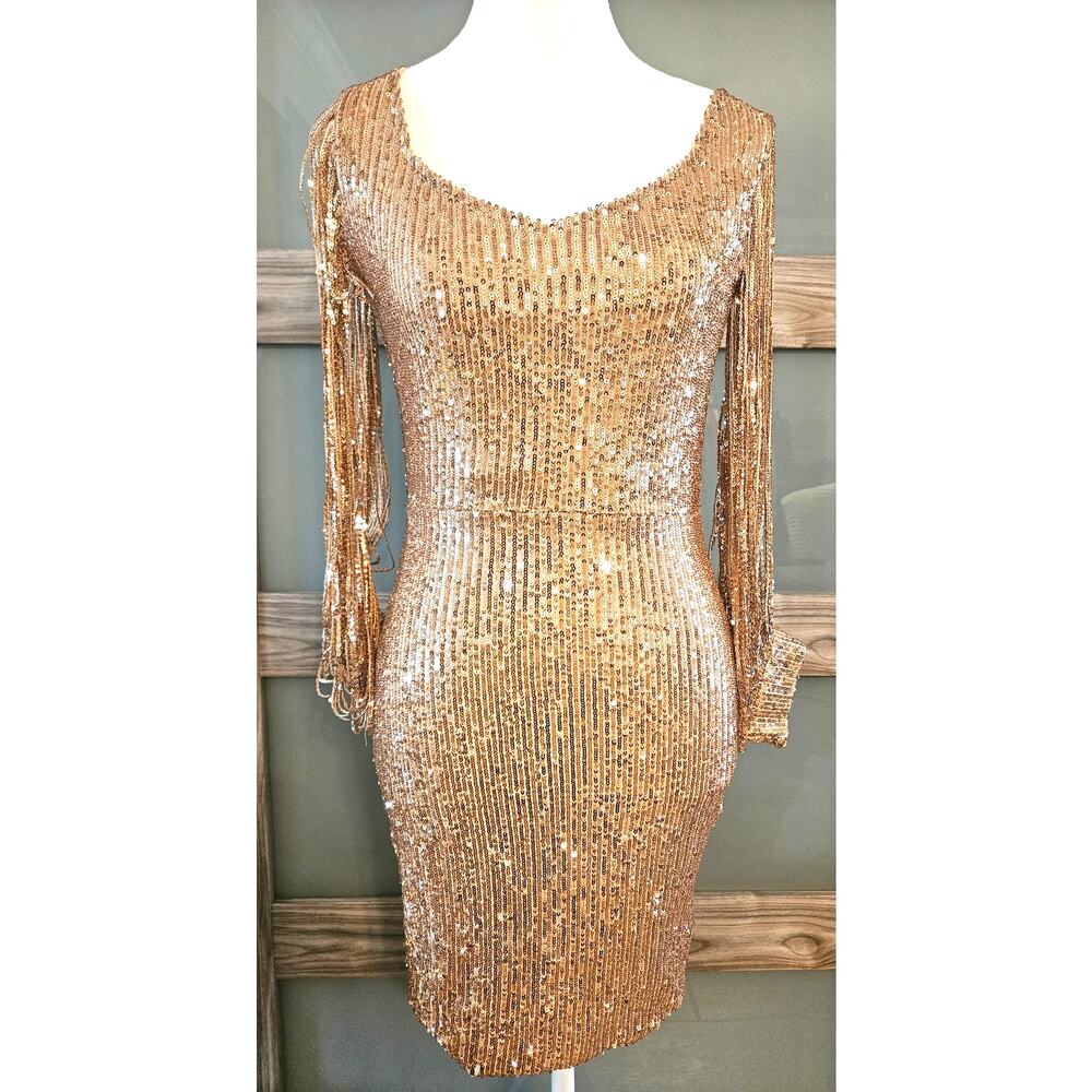 Gorgeous Gold Bodycon Dress by CBR Size Medium Sequin Body Beaded Sleeves B77